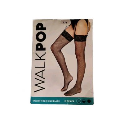 Walkpop Taylor Thigh High Black Stockings Size L Fishnet with Lace Trim